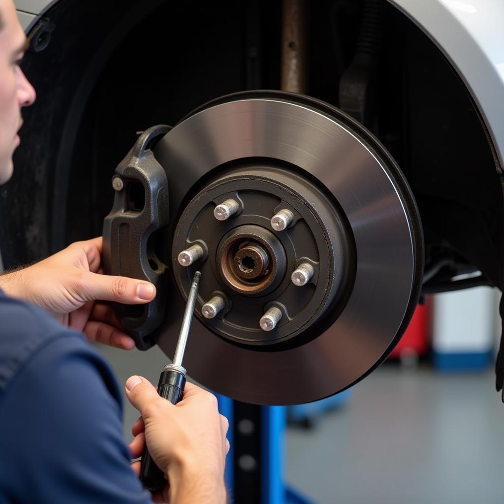 Close-up of a car brake system during inspection