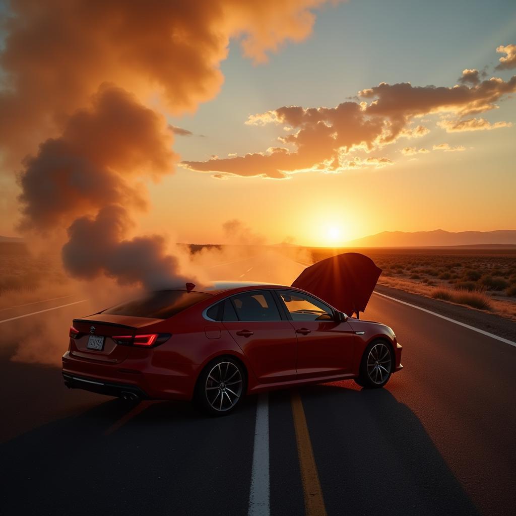 Car broken down on the road at sunset