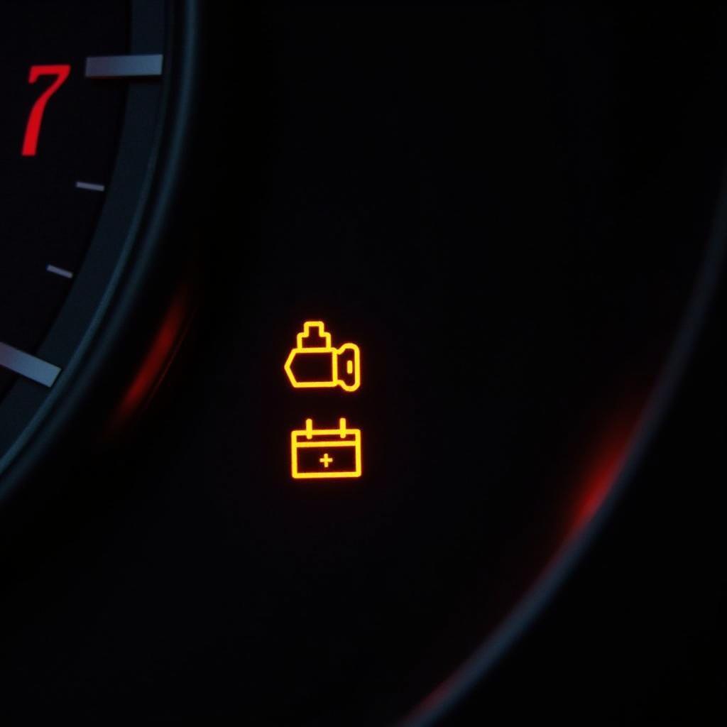 Car dashboard with warning lights illuminated