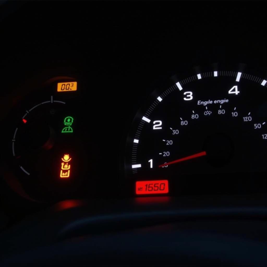 Car dashboard illuminated with multiple warning lights.