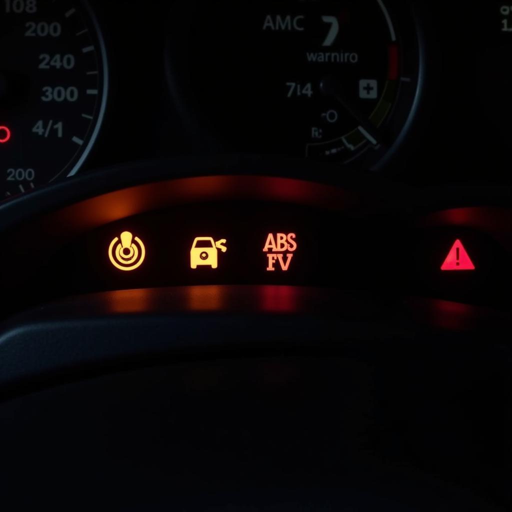 Car dashboard with multiple warning lights illuminated