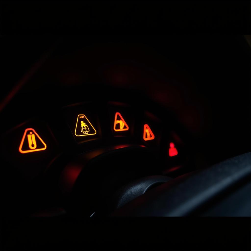 Car dashboard with illuminated warning lights