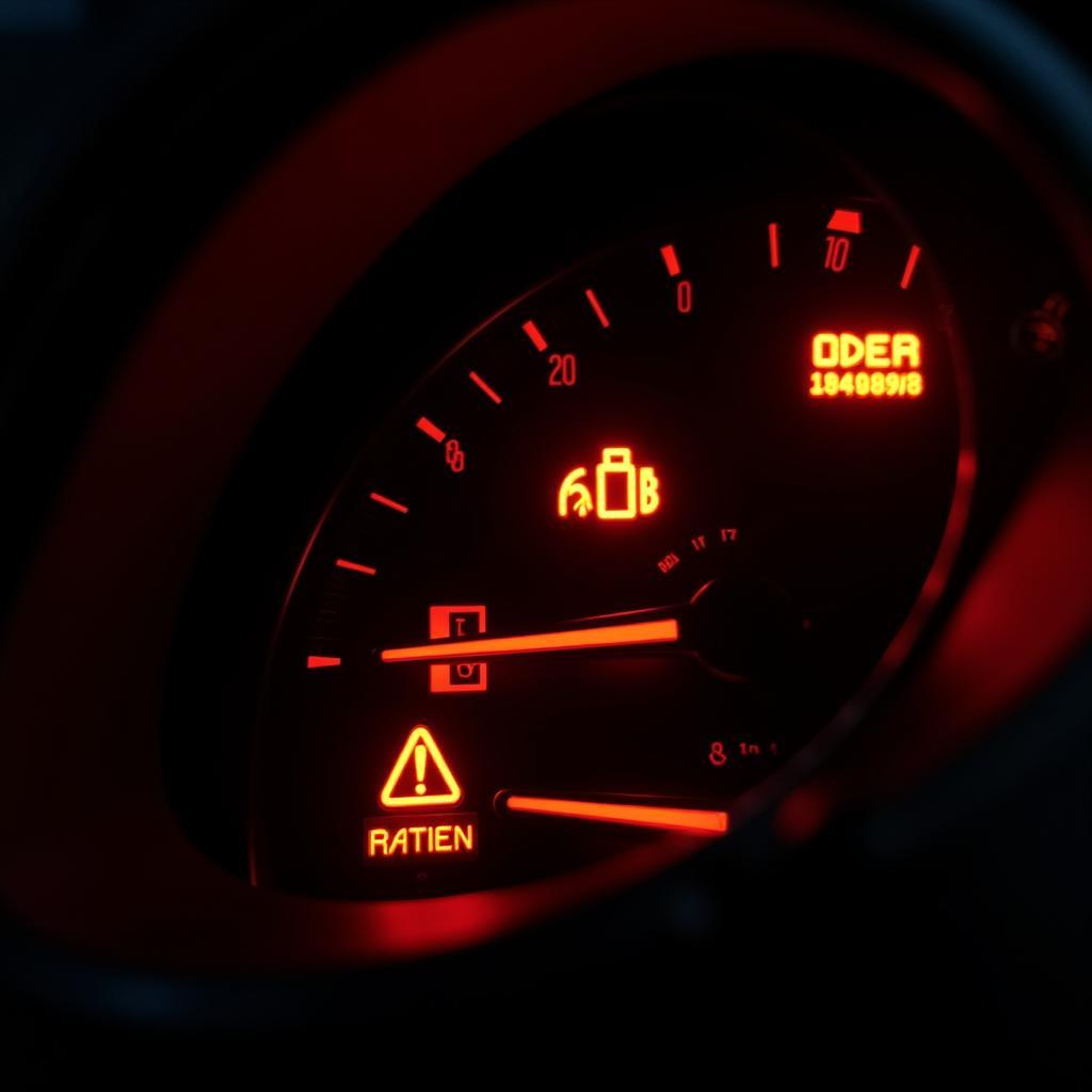 Car Dashboard with Multiple Warning Lights Illuminated