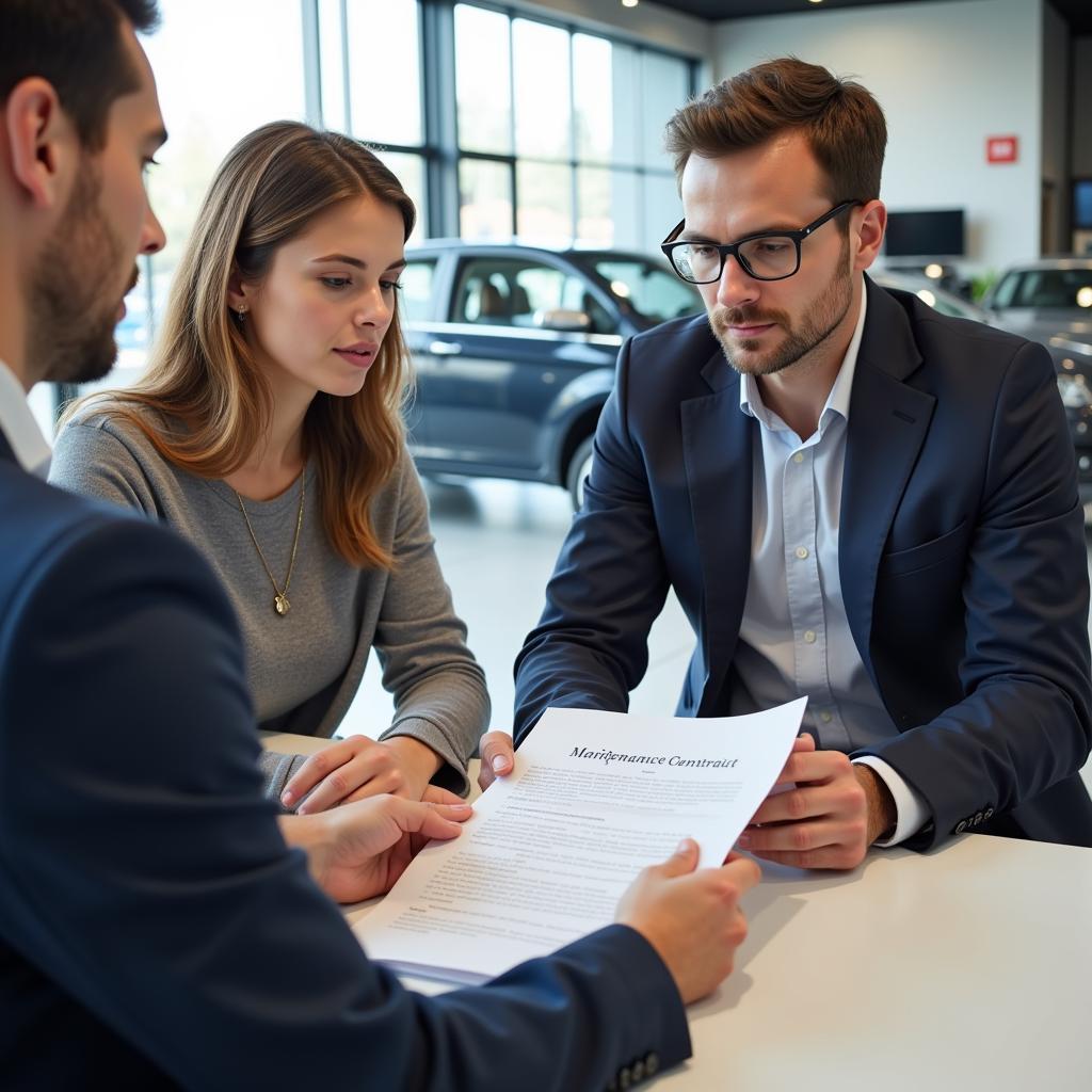 Couple discussing car maintenance plan with a dealer