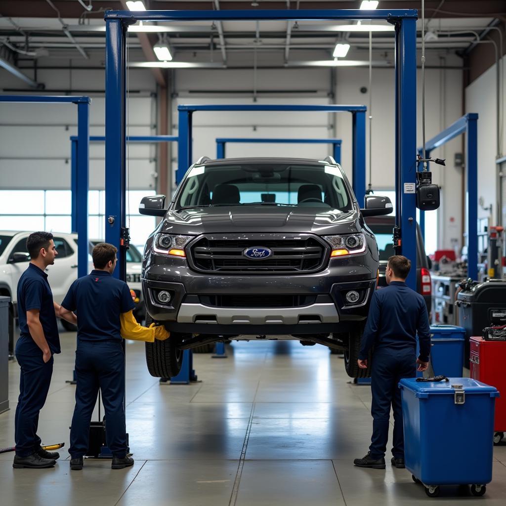 Car Dealership Service Department with Mechanics Inspecting a Vehicle