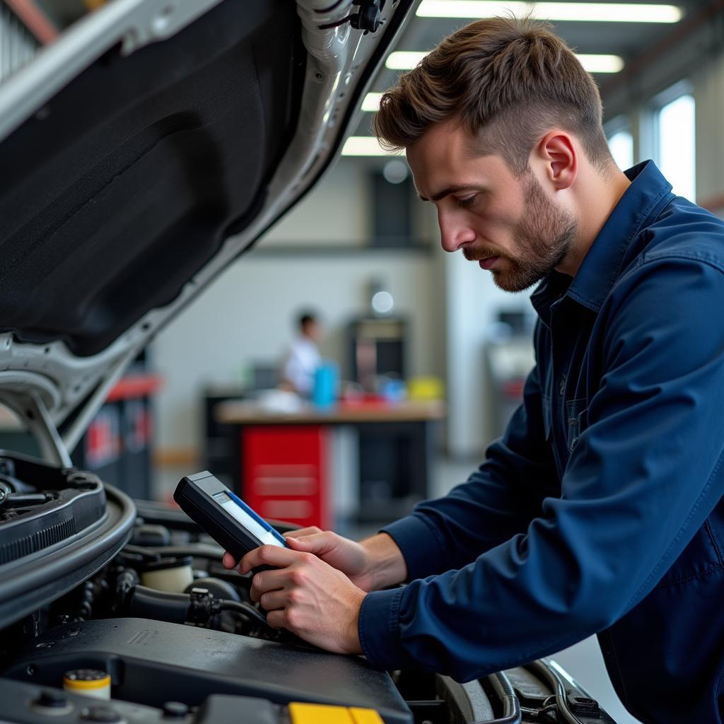 Mechanic using a diagnostic scanner on a car