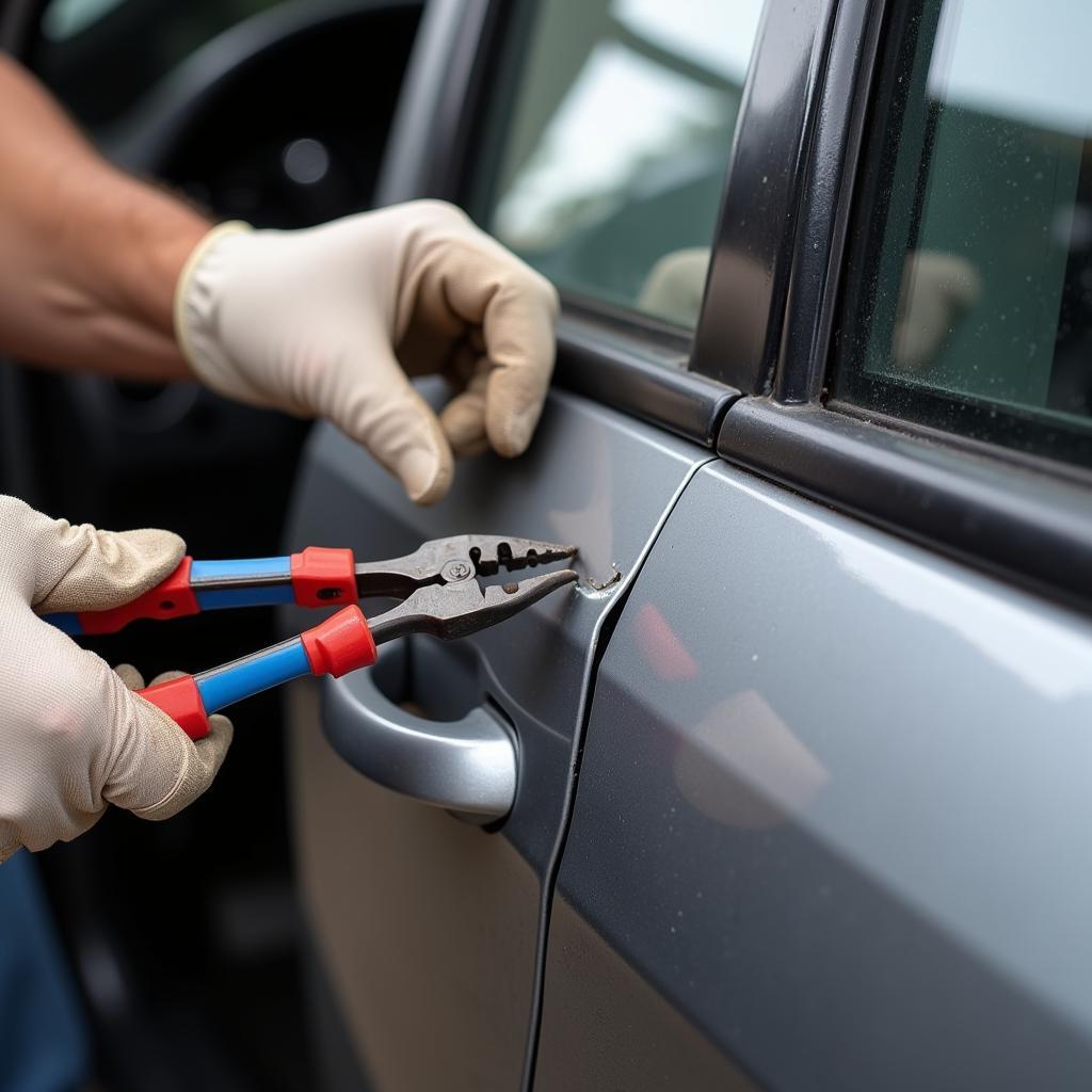 Using pliers to fix a car door frame dent