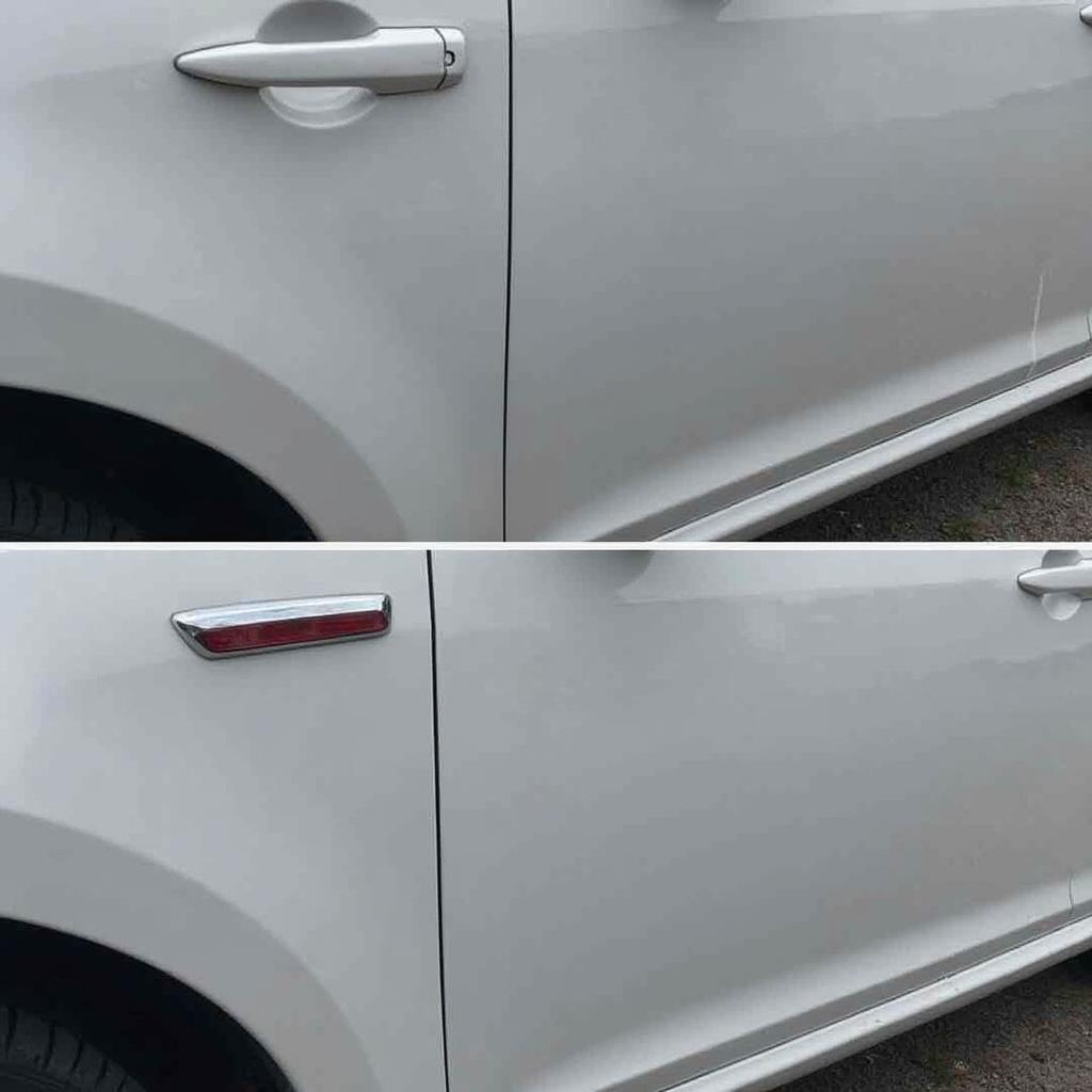 Car door scratch repair, showing before and after