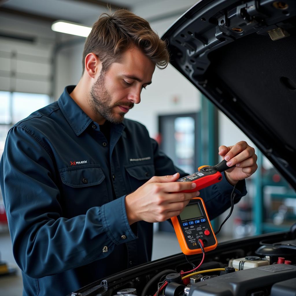 Mechanic inspecting a car's electrical system