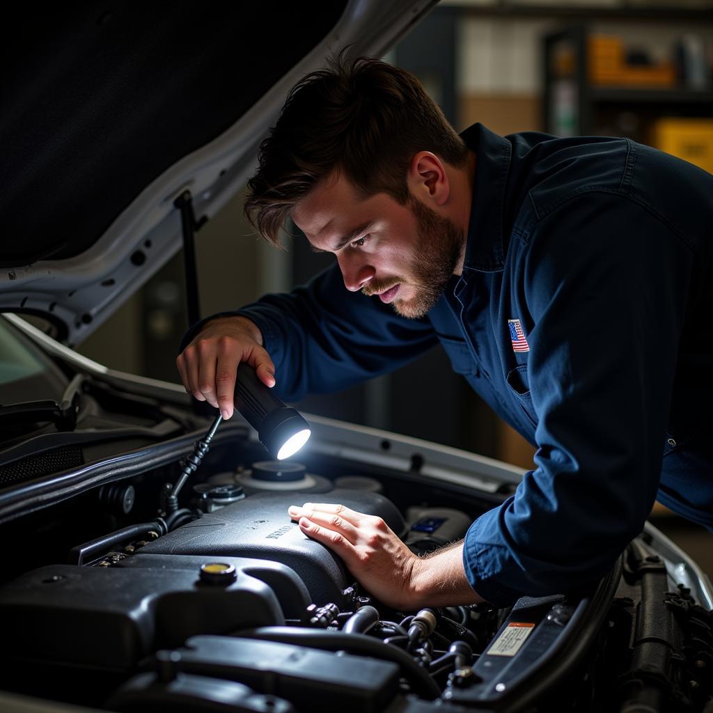 Car engine compartment with fluids being checked