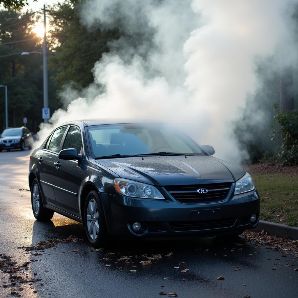 Car engine overheating with smoke billowing out