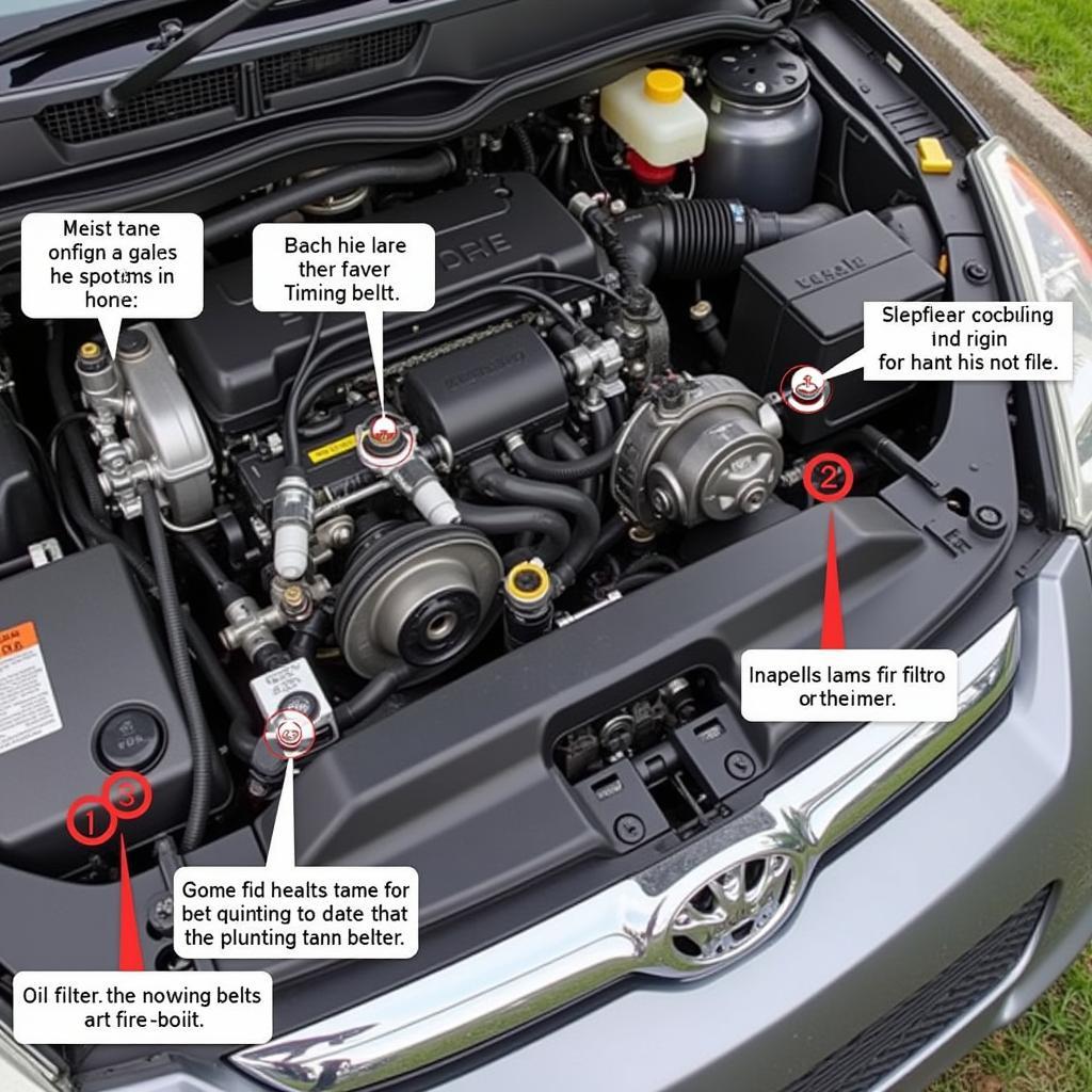 Close-up view of various car engine components