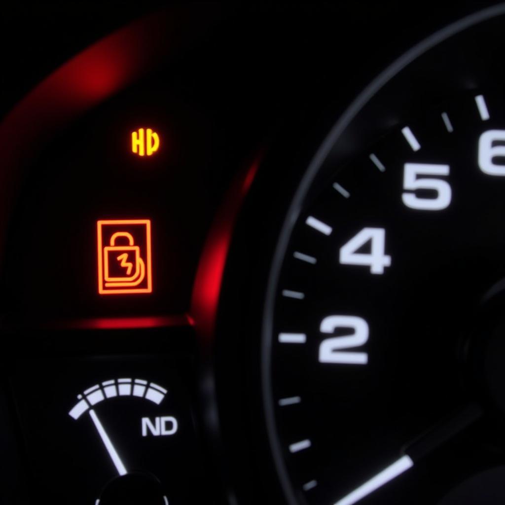 Car dashboard with engine warning lights illuminated