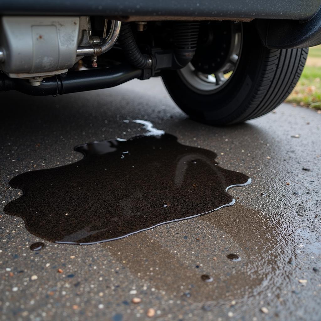 Leaking fluid under car engine, indicating a problem