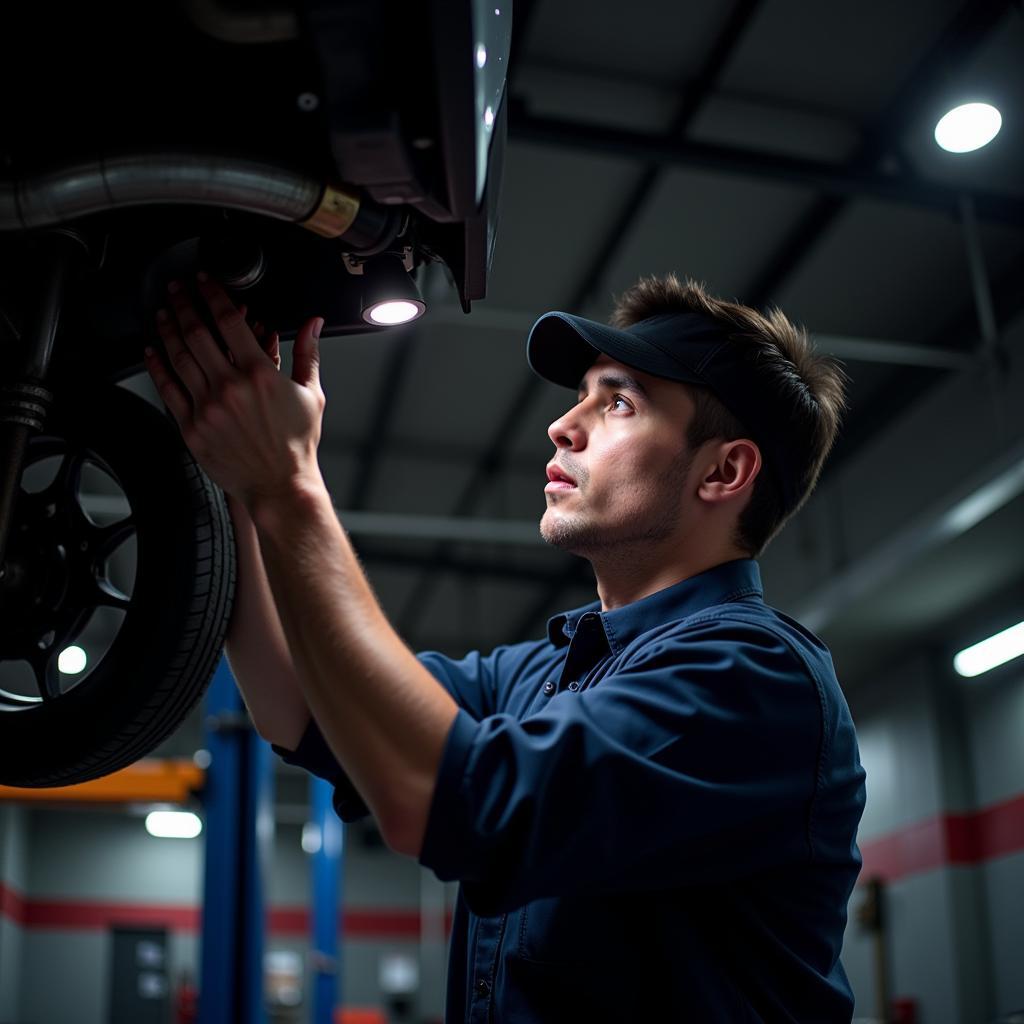 Mechanic Inspecting Car Exhaust System