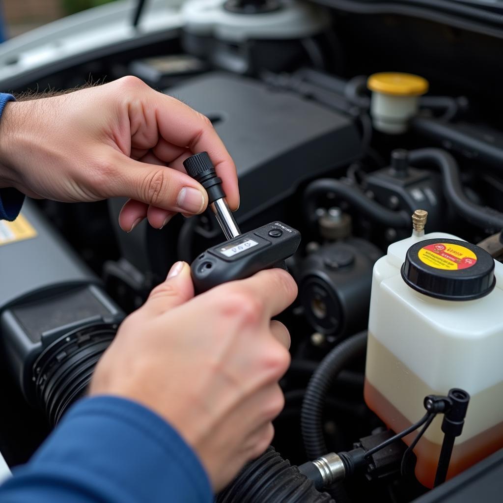 Mechanic checking car fluids