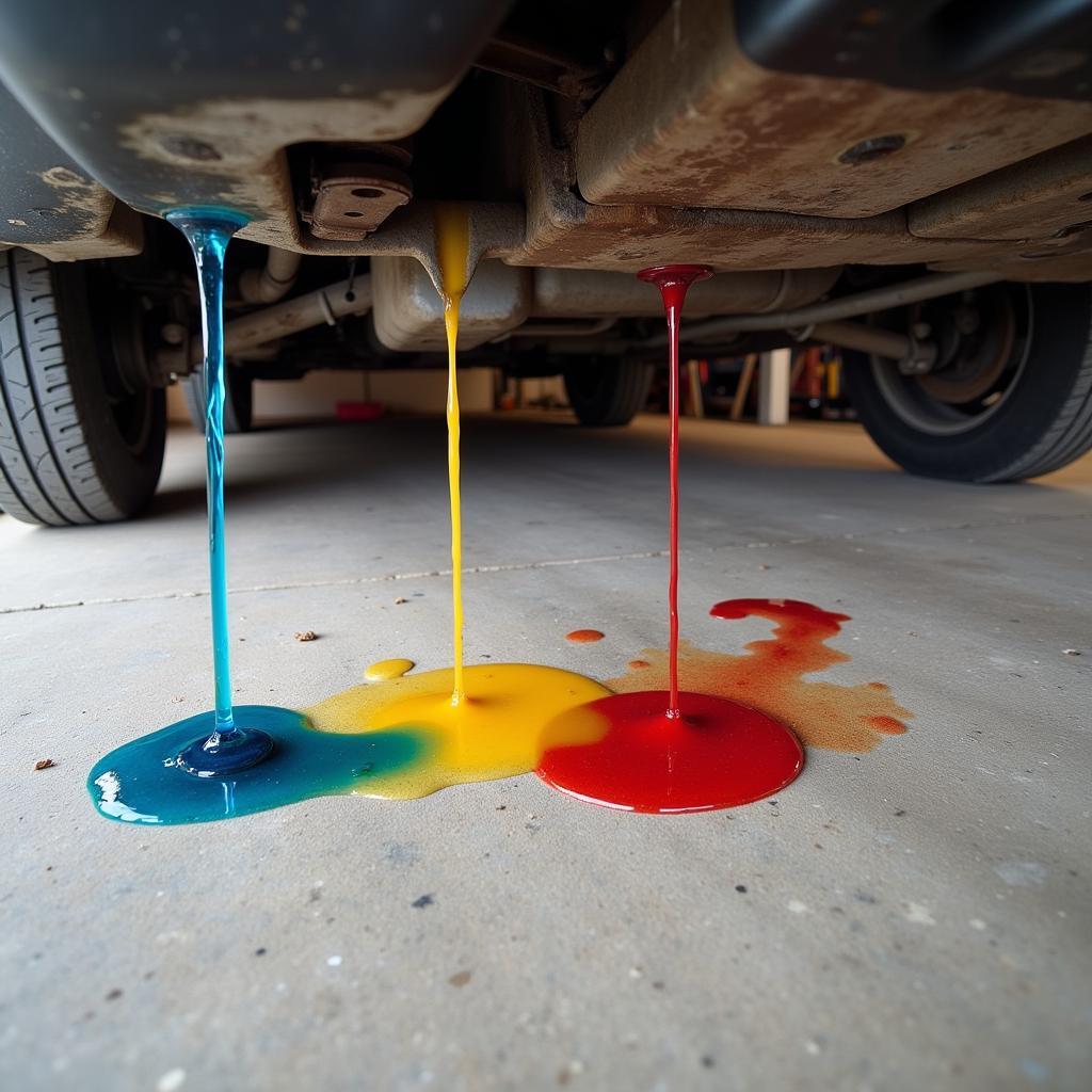 Different colored car fluids leaking onto a garage floor