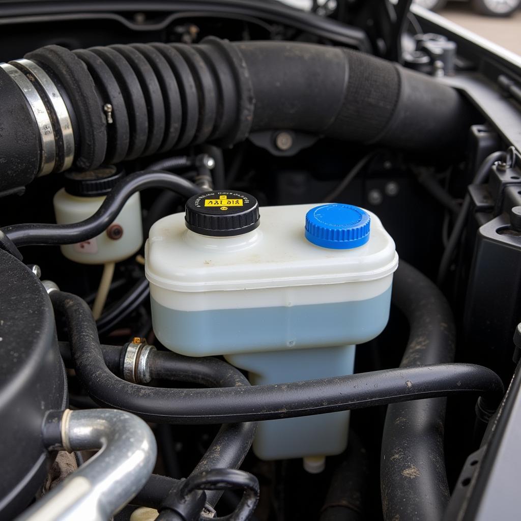 Close-up of various car fluid reservoirs under the hood