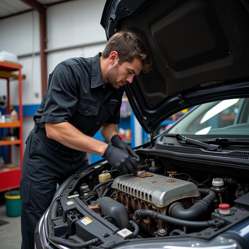 Mechanic replacing a car heater core