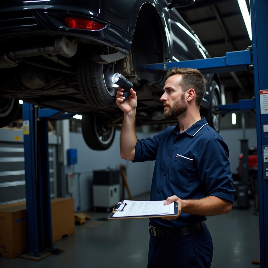 Mechanic inspecting car with checklist