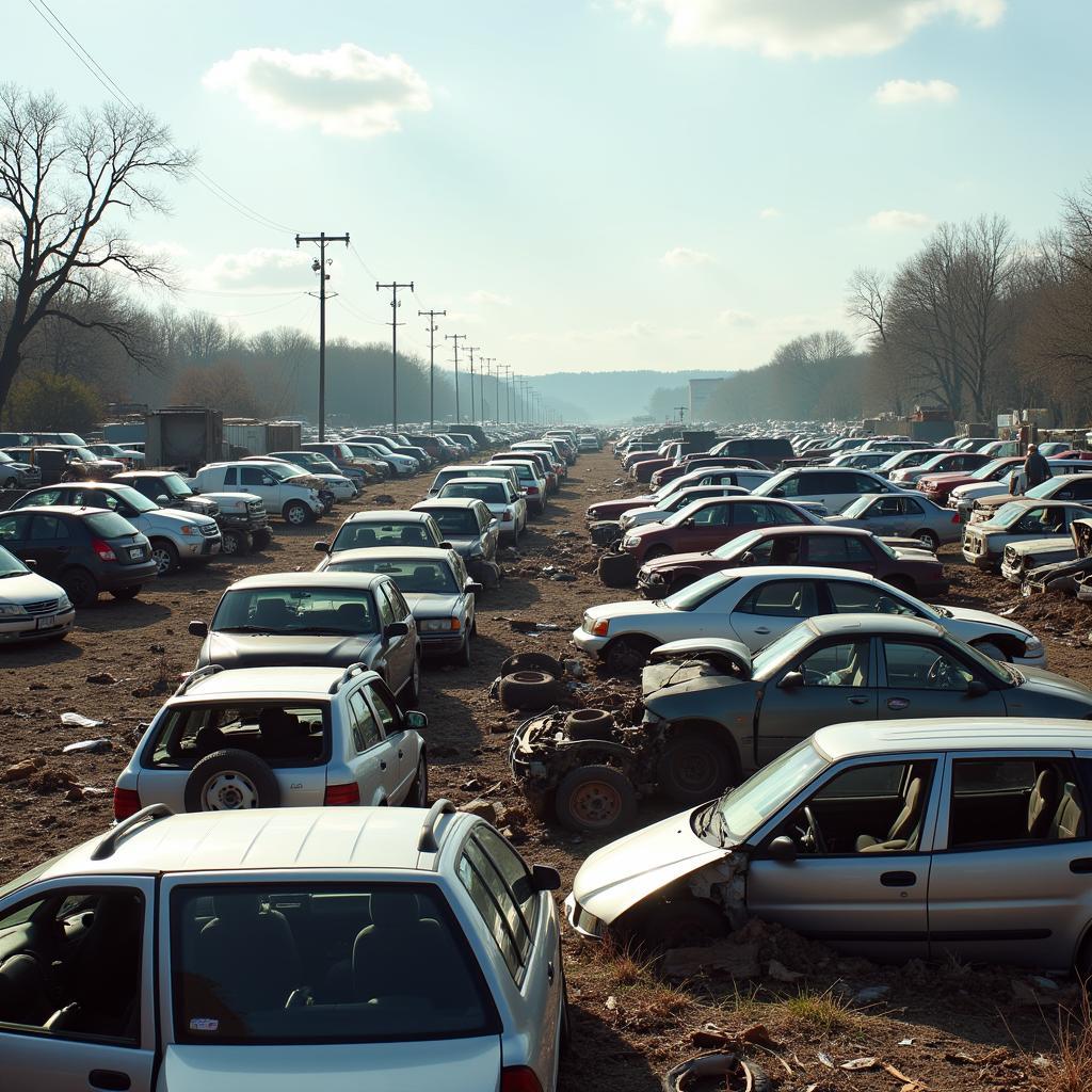 A junkyard filled with old and damaged cars.