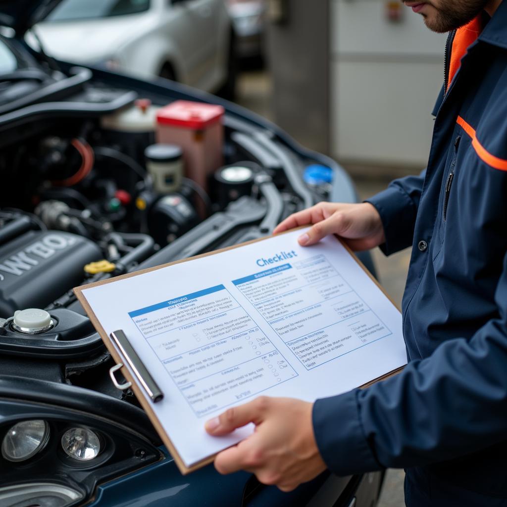 Car maintenance checklist on clipboard