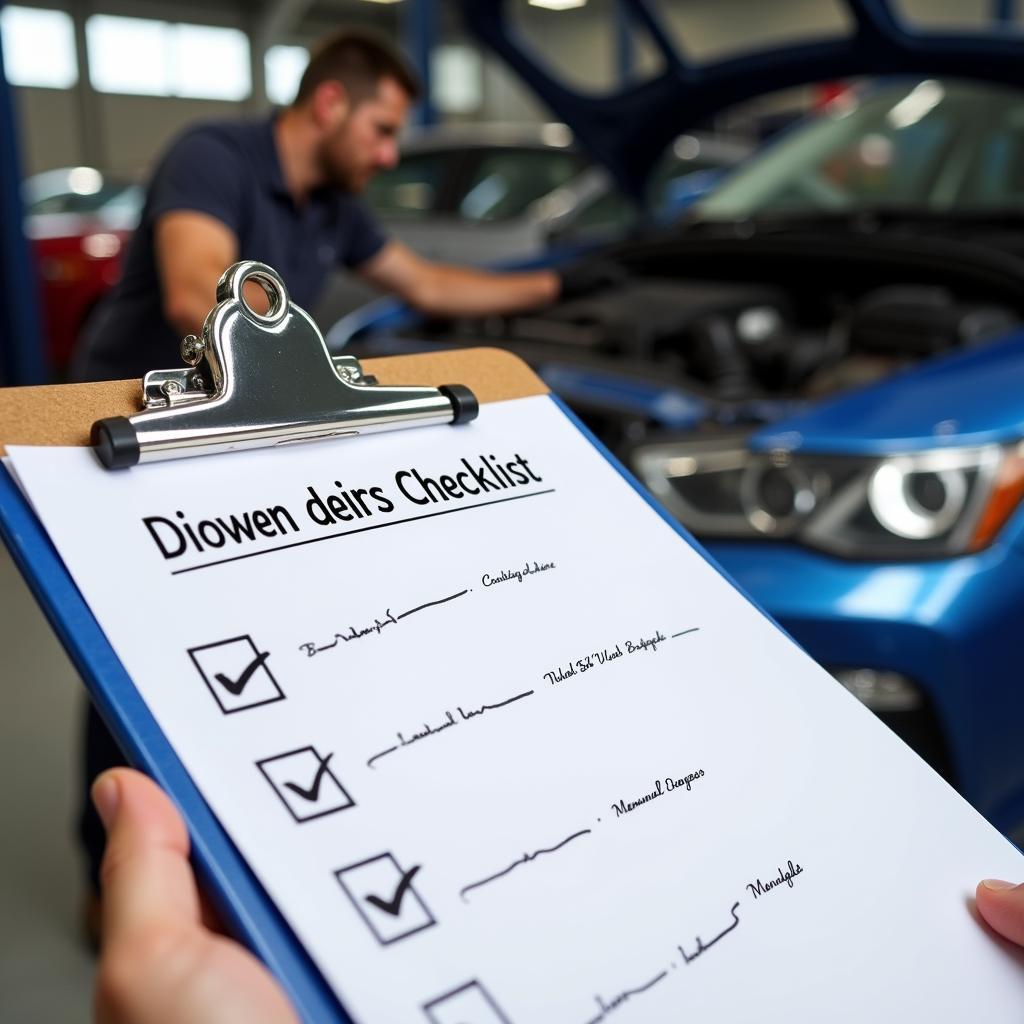 Car maintenance checklist on clipboard with mechanic in background