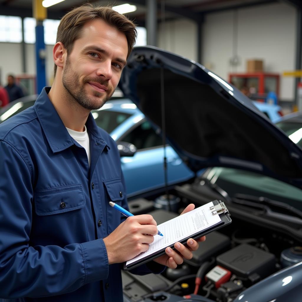 Mechanic reviewing a car maintenance checklist