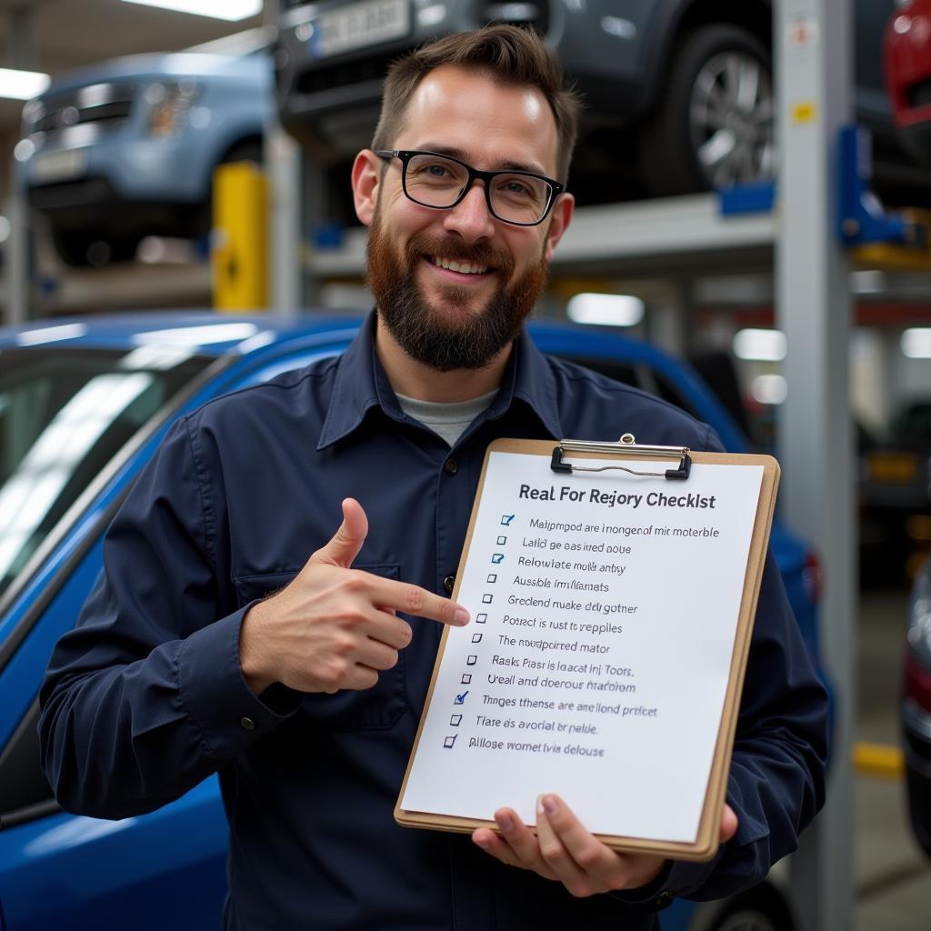 Mechanic with a clipboard reviewing car maintenance checklist