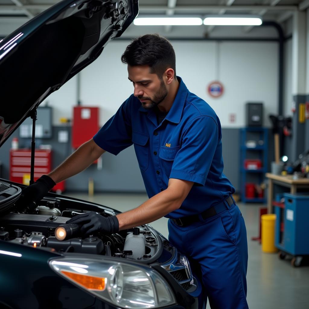 Mechanic inspecting a car's engine in a Manhattan garage