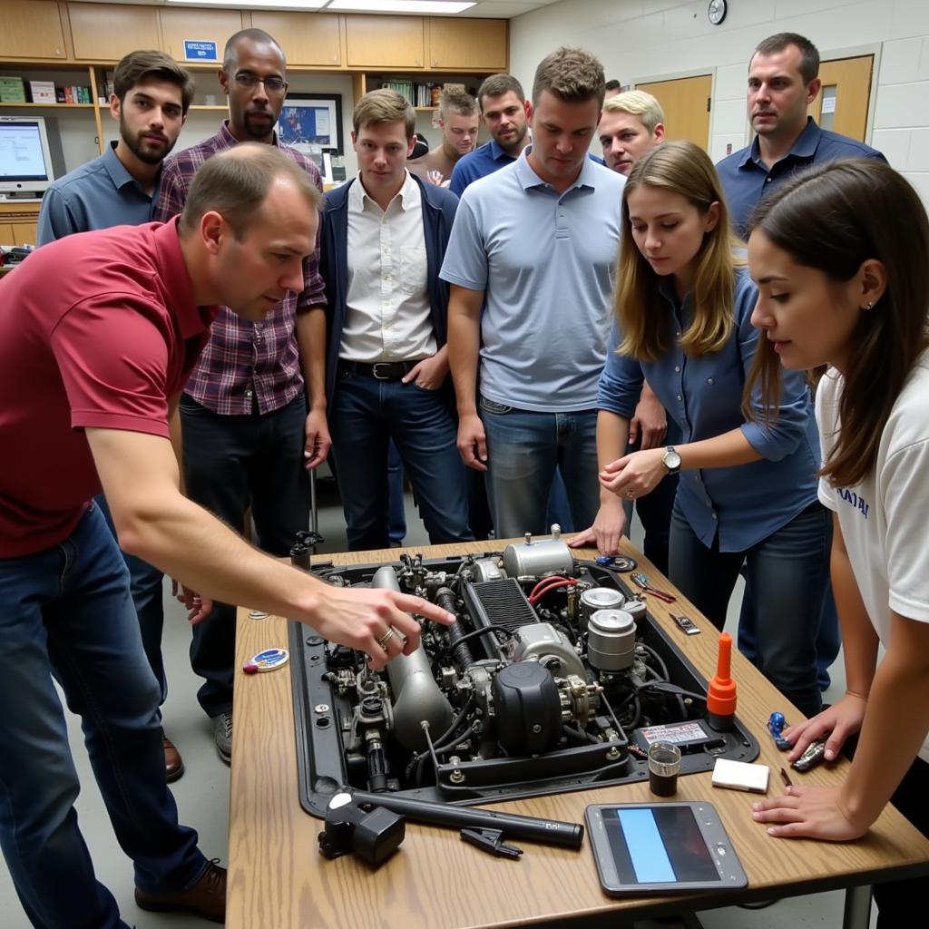 Adults learning car maintenance in Des Moines