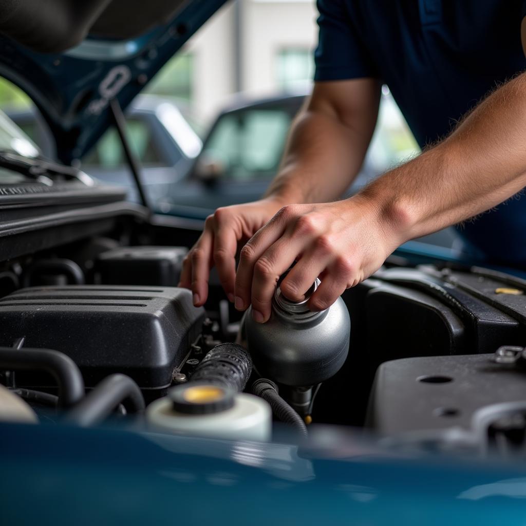 Students practicing car maintenance in Des Moines