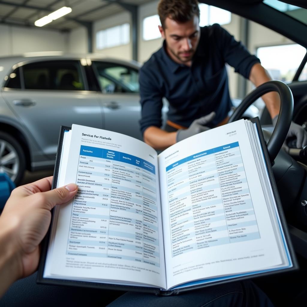 Car maintenance schedule with a mechanic inspecting a car in the background.