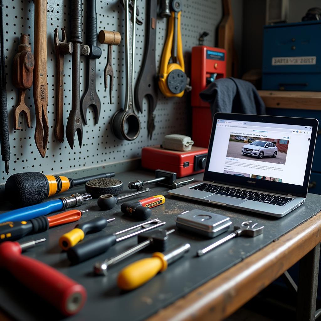 Car Maintenance Tools and Laptop