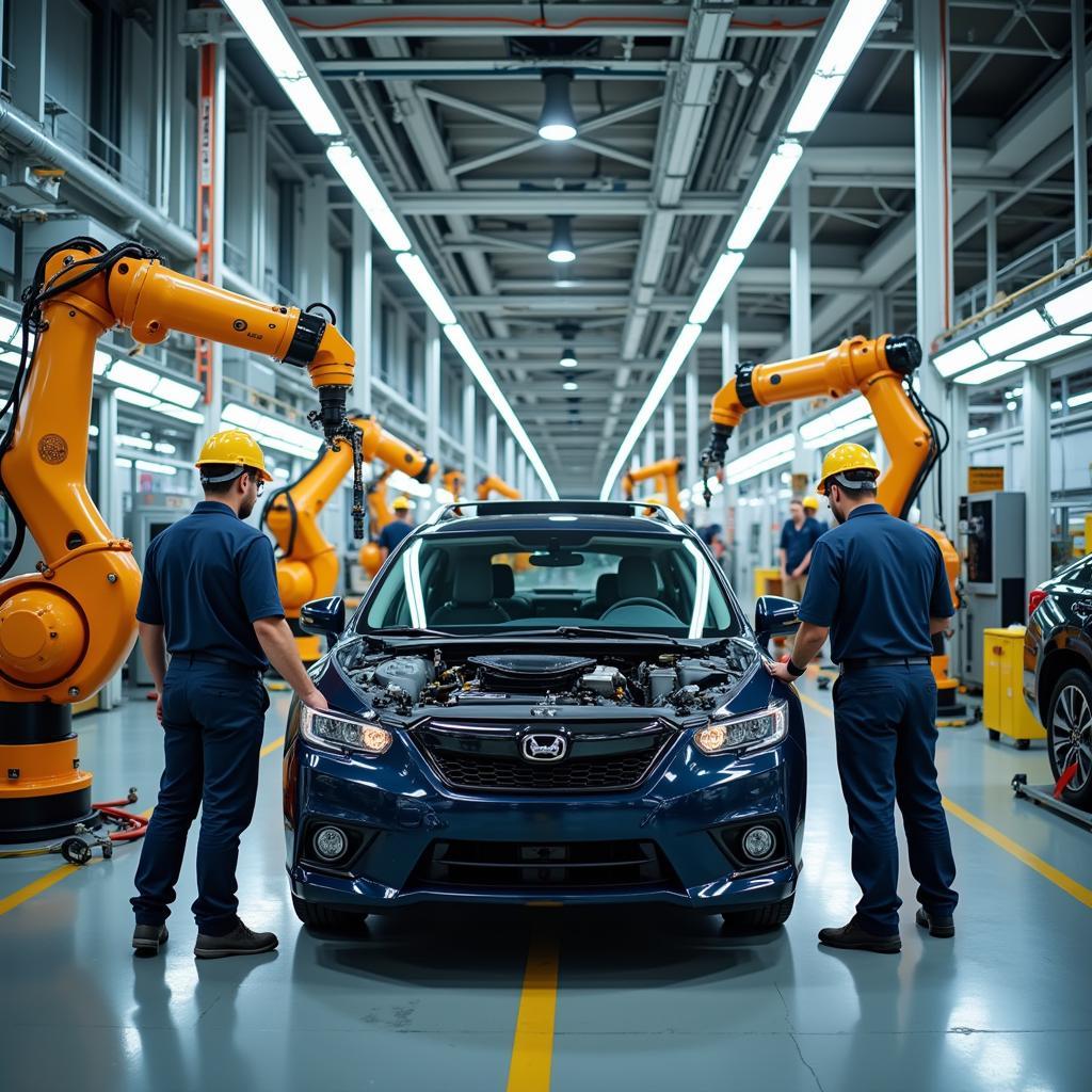 Car manufacturing assembly line with workers and robotic arms