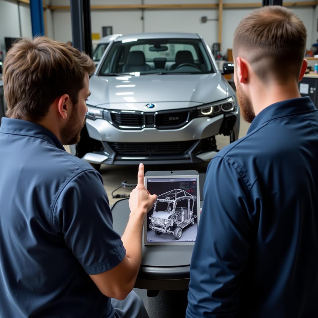 Car mechanic discussing repair options with a customer