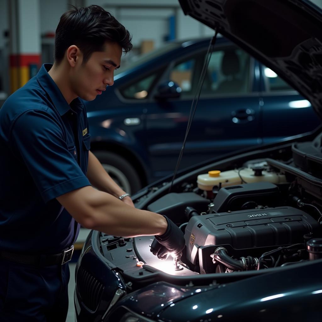 Car mechanic inspecting a car engine