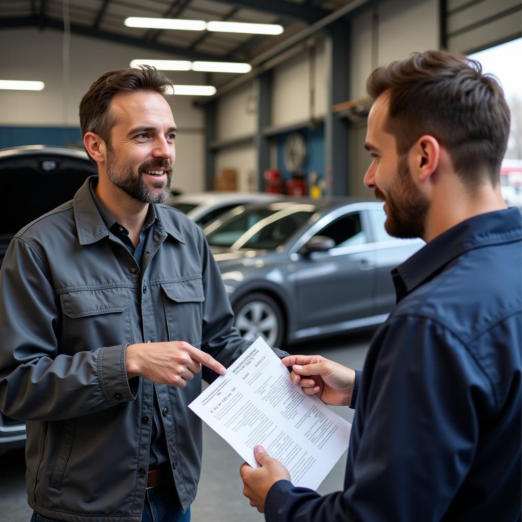 Car owner discussing repair options with a mechanic.