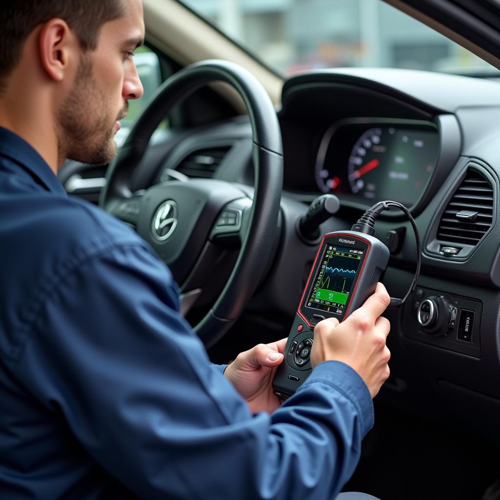 Car mechanic performing engine diagnostics