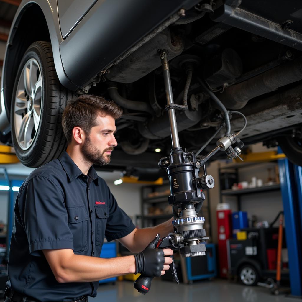 Car Mechanic Inspecting Transmission