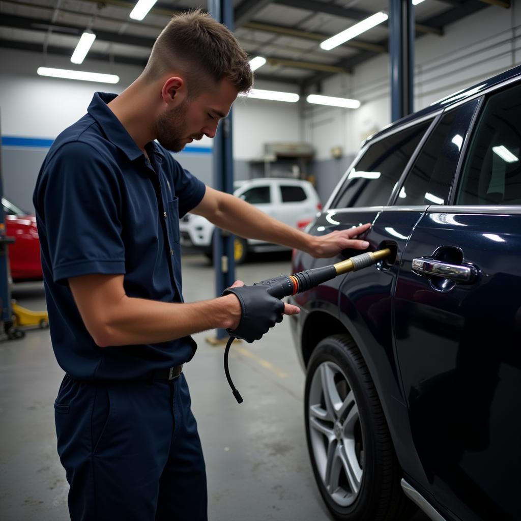 Mechanic diagnosing car aux port issue