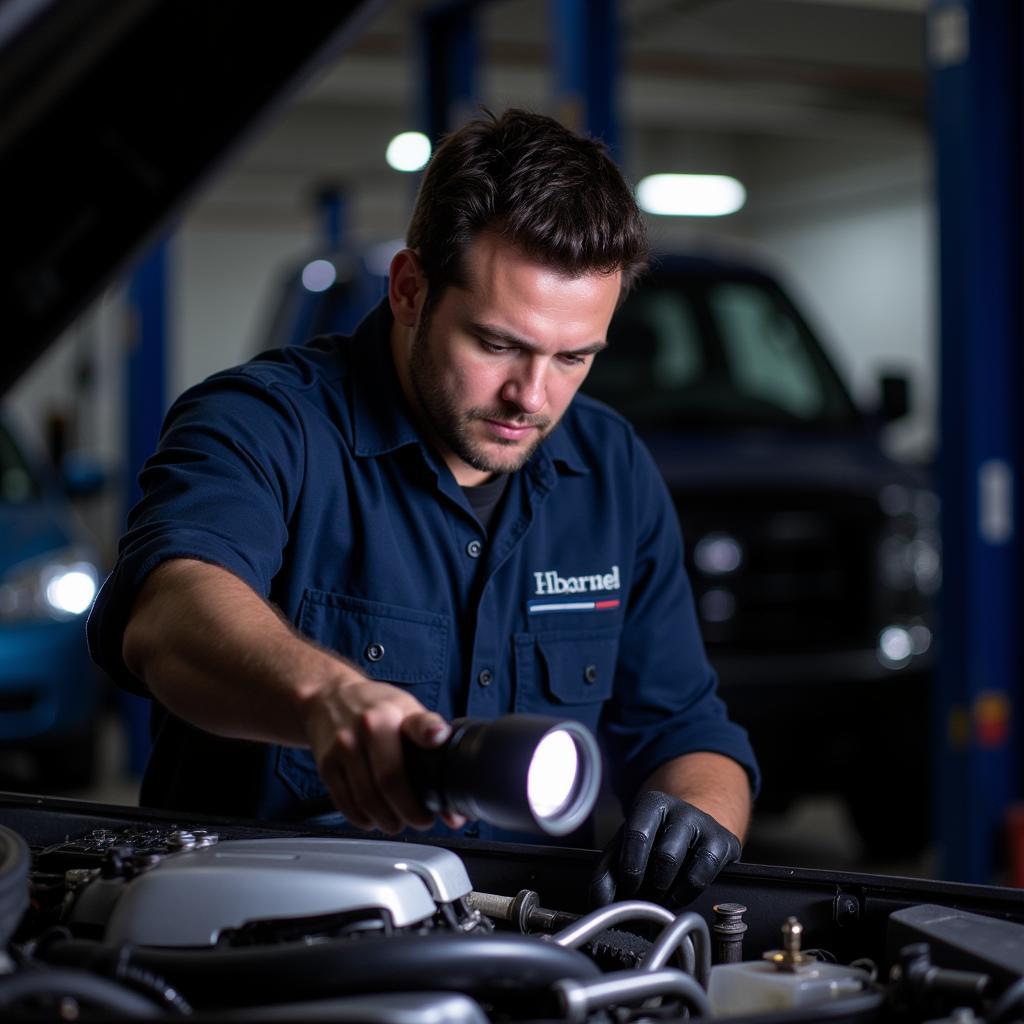 Mechanic inspecting a car engine during a maintenance check-up