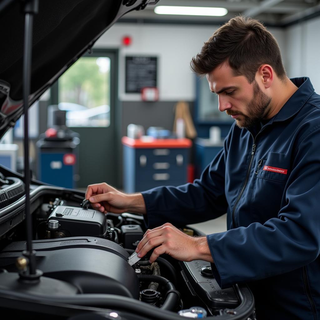 Car Mechanic Inspecting Engine