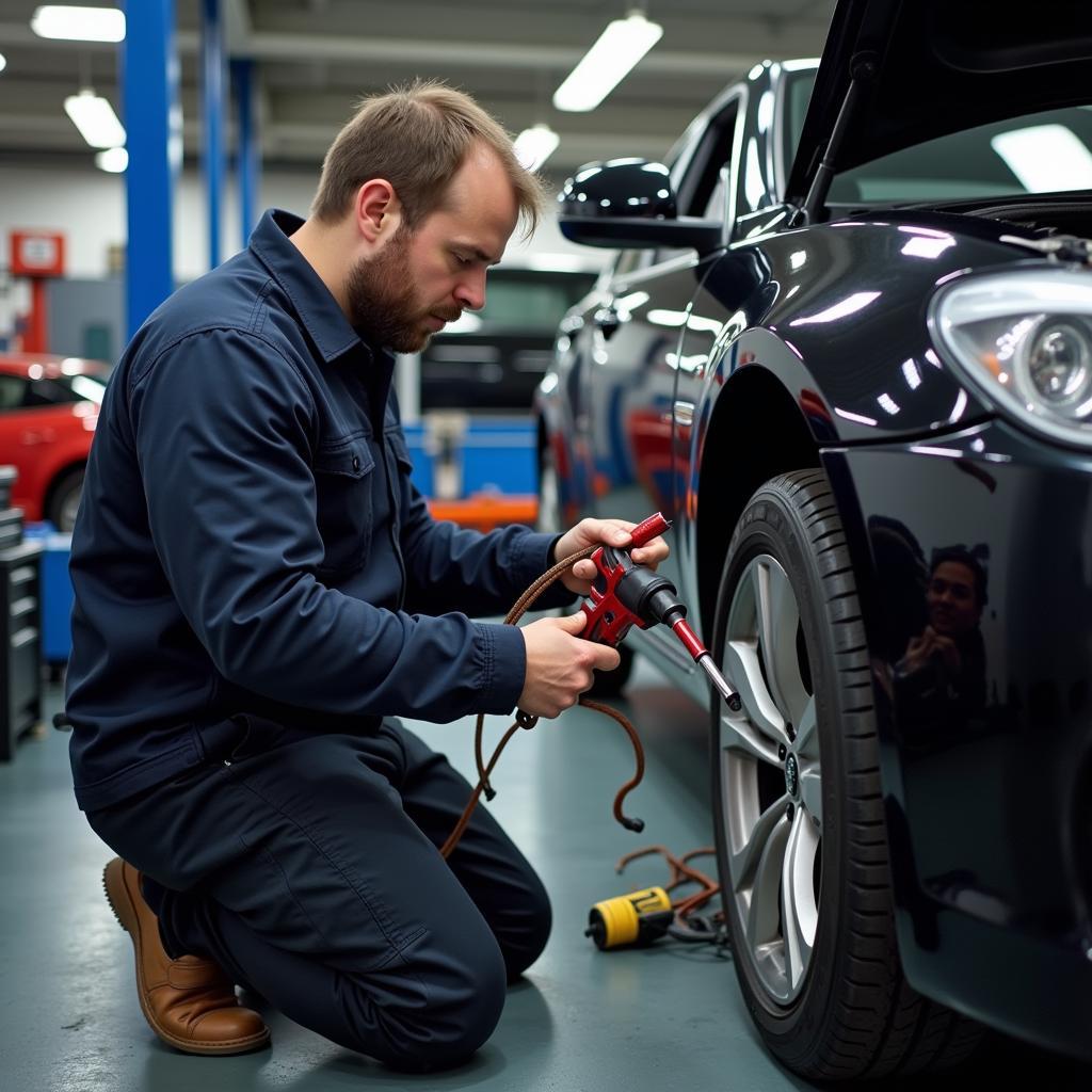 Car Mechanic Inspecting a Leak