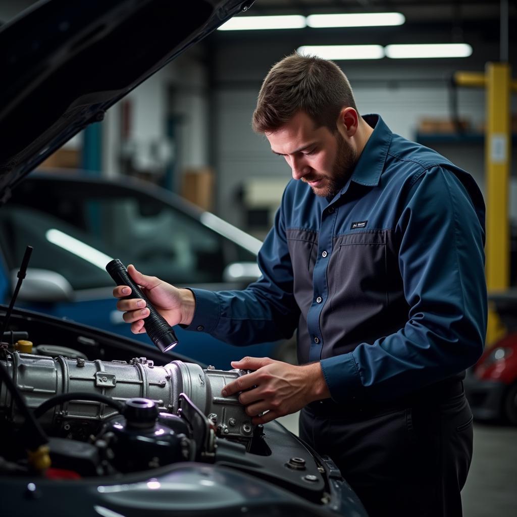 Car mechanic inspecting transmission