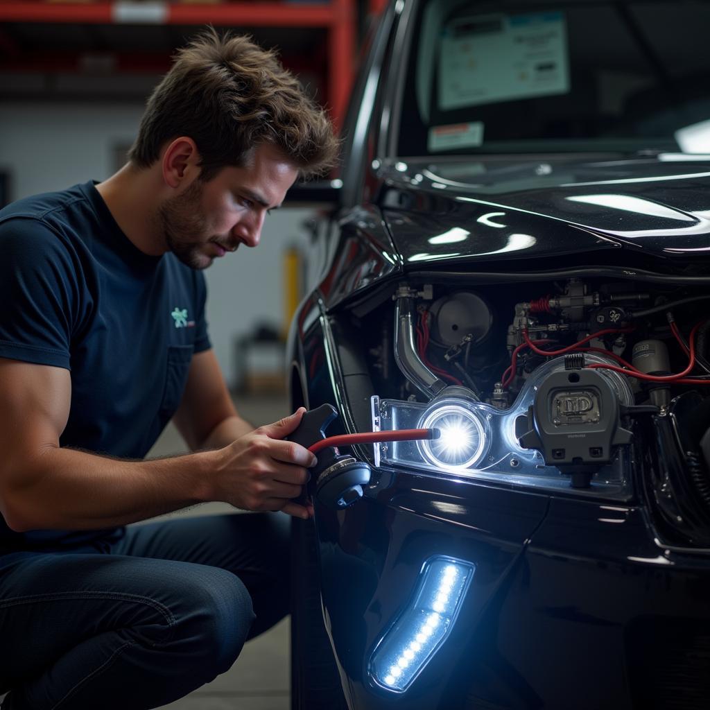 Car Mechanic Inspecting Wiring