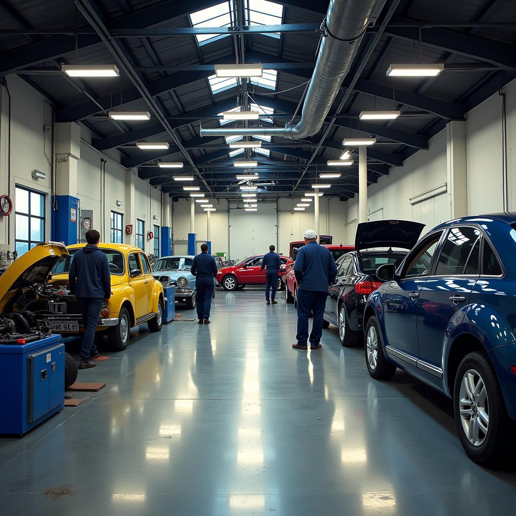 Car mechanic inspecting a vehicle in a repair shop