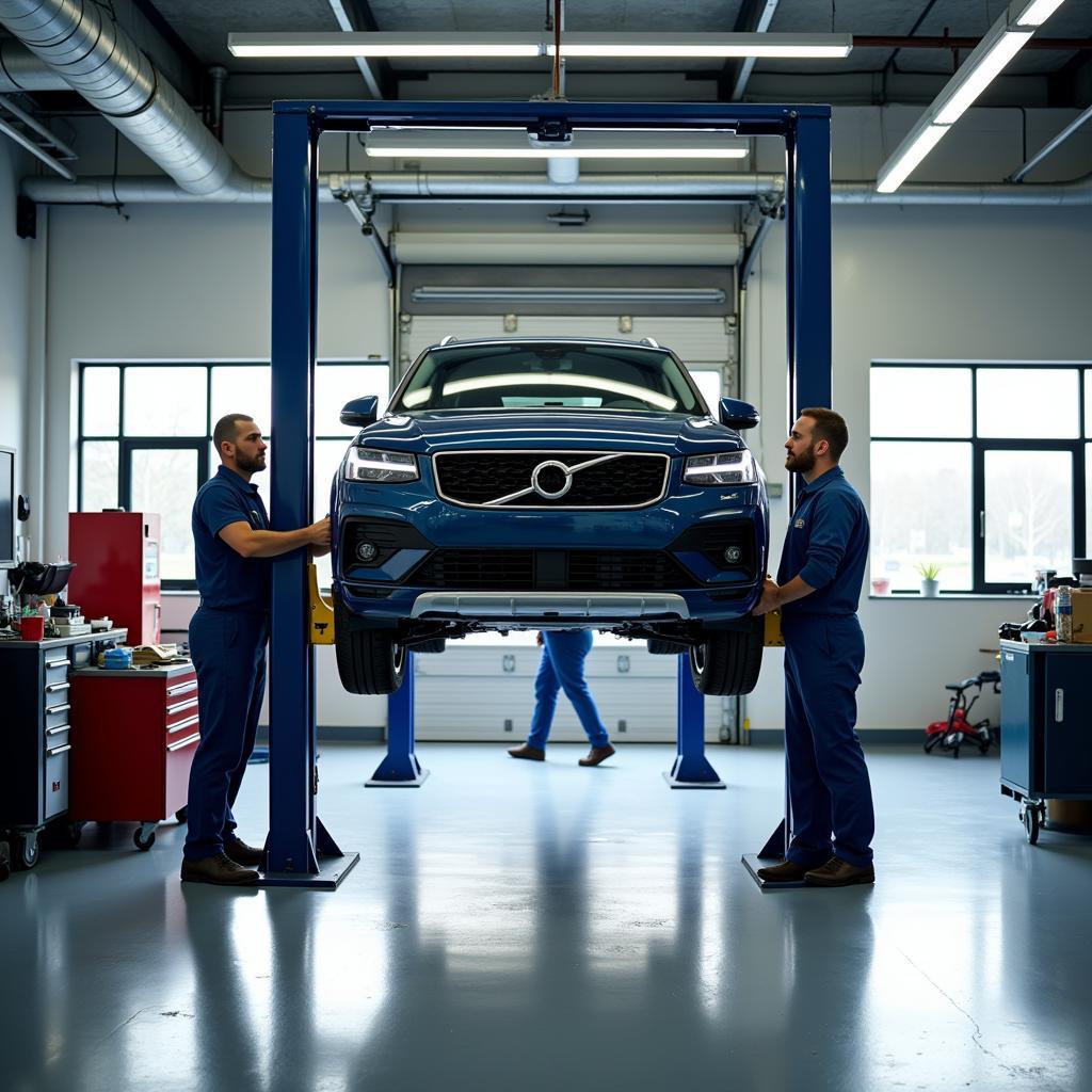 Car being serviced in a professional auto repair shop