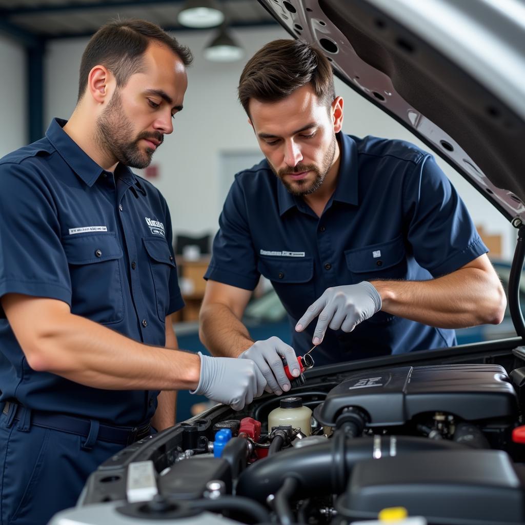 Car mechanic repairing a vehicle in a workshop