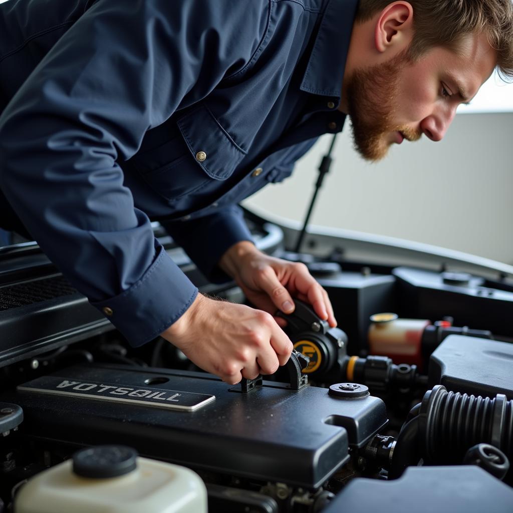 Car Mechanic Working on Engine